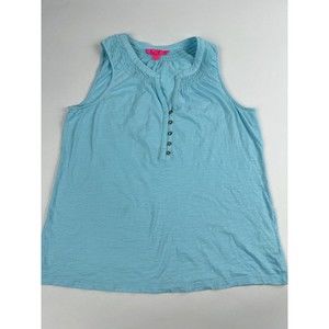 Lilly Pulitzer Sky Blue 100% Cotton Ruched Button Accent Sleeveless Top Large